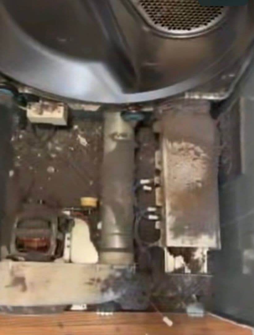 Inside a dryer cabinet with the drum removed, showing heavy lint packed around the blower housing and heating element