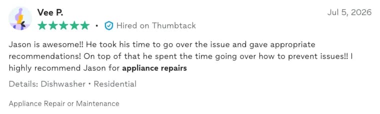 Thumbtack review by Vee P.