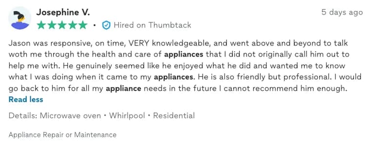 Thumbtack review by Josephine V.